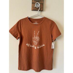 NWT Sonoma Womens Size Small Brown T-Shirt Spooky Vibes Skeleton Hand Peace Sign